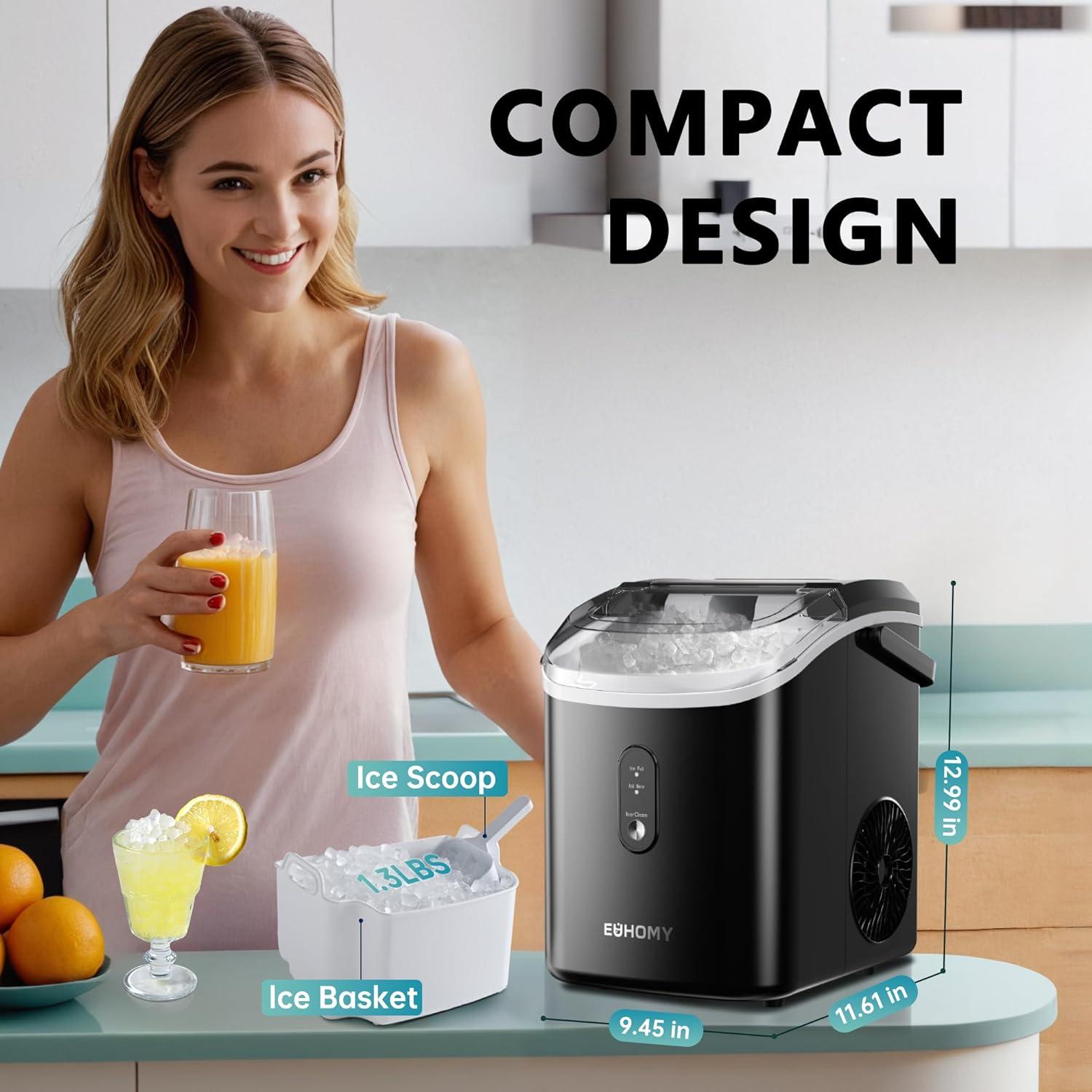 image:imageEUHOMY Nugget Ice Maker Countertop with Handle Ready in 6 Mins 34lbs Per Day Removable Top Cover AutoCleaning Portable Sonic Ice Maker with Basket and Scoop for HomePartyRVCamping SilverBlack