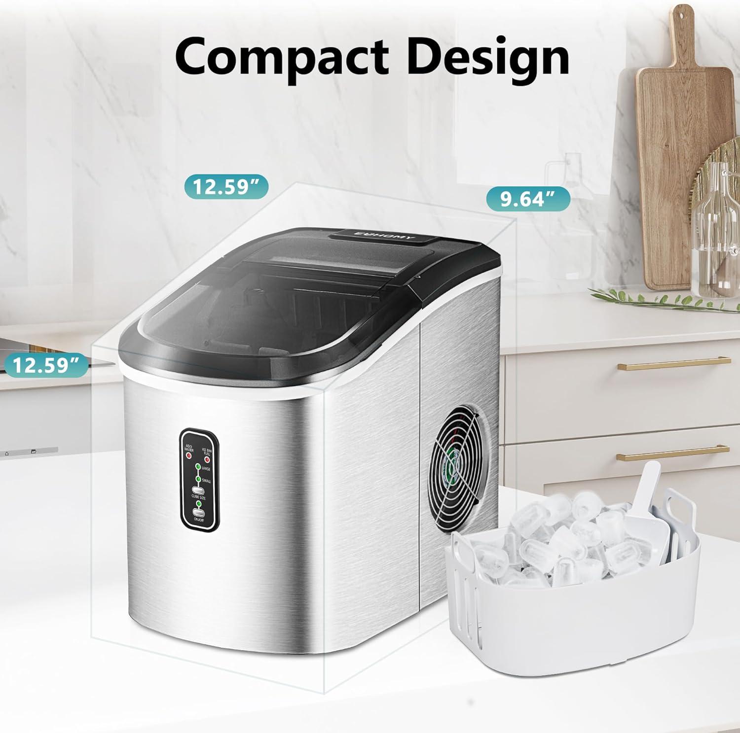 image:imageEUHOMY Nugget Ice Maker Countertop with Handle Ready in 6 Mins 34lbs Per Day Removable Top Cover AutoCleaning Portable Sonic Ice Maker with Basket and Scoop for HomePartyRVCamping SilverStainless Steel Silver