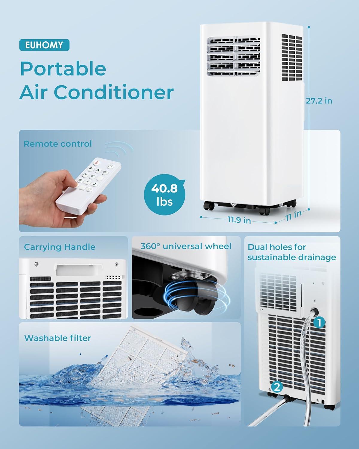image:imageEUHOMY Portable Air Conditioners 8000 Btu 3 in 1 Portable Cooling AC with Dehumidifier Fan Sleep Modes AC Unit with Remote Control amp 24H Timer for Bedroom Rooms Apartments up to 350 SqFt