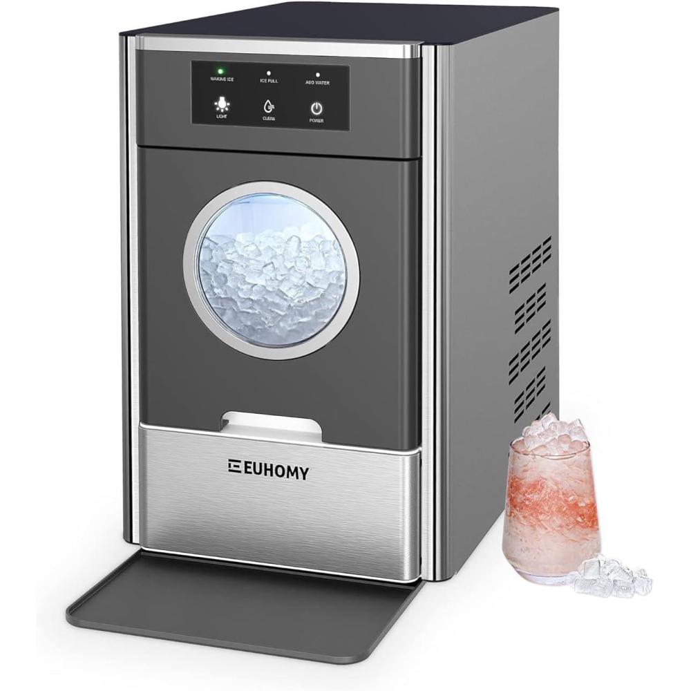 image:imageEUHOMY Nugget Ice Maker Countertop Max 33lbs24H 2 Ways Water Refill LED Light SelfCleaning Pebble Ice Maker with Basket and Scoop for HomeKitchenCampingRV Black Silver