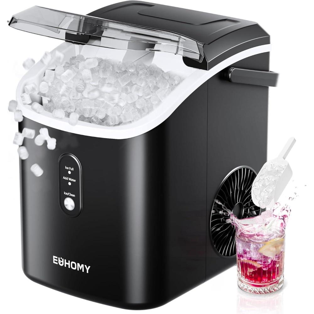 image:imageEUHOMY Nugget Ice Maker Countertop with Handle Ready in 6 Mins 34lbs Per Day Removable Top Cover AutoCleaning Portable Sonic Ice Maker with Basket and Scoop for HomePartyRVCamping SilverBlack