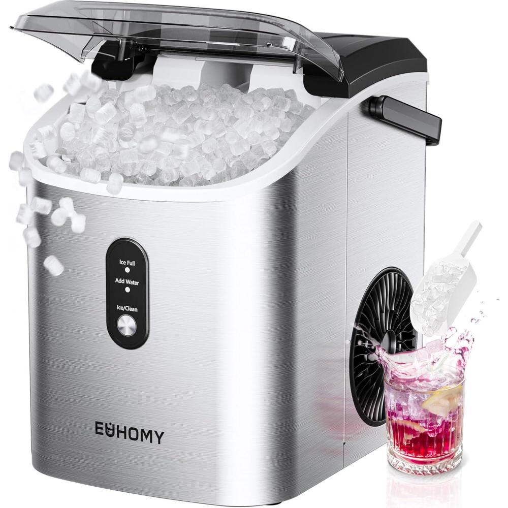 image:imageEUHOMY Nugget Ice Maker Countertop with Handle Ready in 6 Mins 34lbs Per Day Removable Top Cover AutoCleaning Portable Sonic Ice Maker with Basket and Scoop for HomePartyRVCamping SilverSteel Light Silver