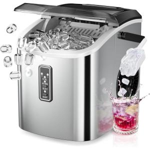 EUHOMY Ice Maker Countertop, 9 Cubes Ready in 6 Mins, 26lbs/24H, Self-Cleaning, Portable Ice Maker Machine with Carry Handle, Basket and Scoop, 2 Sizes of Bullet Ice for Home, Kitchen, Office(Silver)