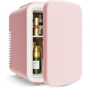 EUHOMY Mini Fridge, 4 Liter/6 Cans Small Refrigerator, Portable Cooler and Warmer for Skin Care, Cosmetics, Beverage, 4L Makeup Mini Fridge for Bedroom, Car, Office, Pink(Pink)