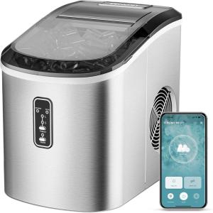 EUHOMY Nugget Ice Maker Countertop with Handle, Ready in 6 Mins, 34lbs Per Day, Removable Top Cover, Auto-Cleaning, Portable Sonic Ice Maker with Basket and Scoop, for Home/Party/RV/Camping (Silver)(Stainless Steel Silver)