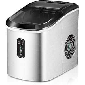 EUHOMY Nugget Ice Maker Countertop with Handle, Ready in 6 Mins, 34lbs Per Day, Removable Top Cover, Auto-Cleaning, Portable Sonic Ice Maker with Basket and Scoop, for Home/Party/RV/Camping (Silver)(Steel Silver)