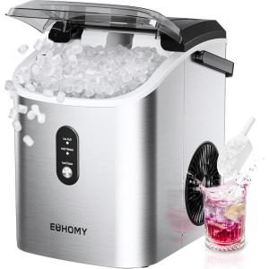 EUHOMY Nugget Ice Maker Countertop with Handle, Ready in 6 Mins, 34lbs Per Day, Removable Top Cover, Auto-Cleaning, Portable Sonic Ice Maker with Basket and Scoop, for Home/Party/RV/Camping (Silver)(Steel Light Silver)