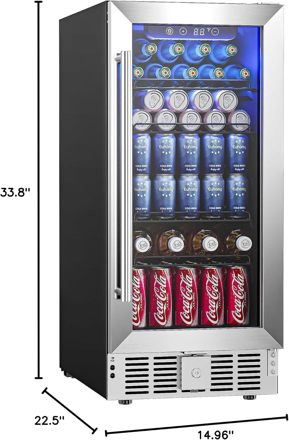 image:imageEUHOMY 15 Inch Beverage Refrigerator Cooler Under Counter 127 Cans Beverage Fridge Builtin or Freestanding with Glass Door LED Light Beer Fridge for Soda Water Wine Home Kitchen Bar