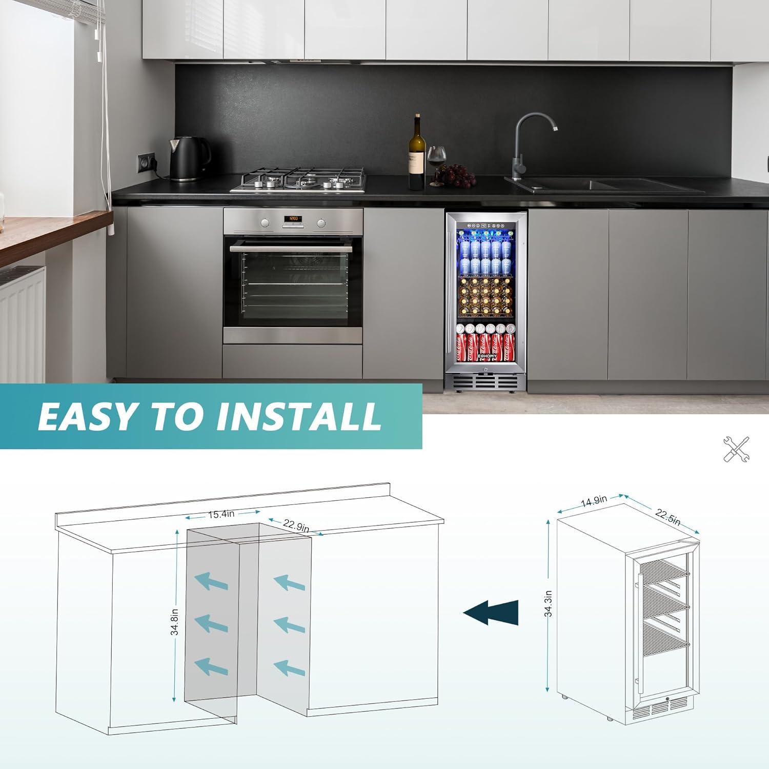 image:imageEUHOMY 15 Inch Beverage Refrigerator Cooler Under Counter 127 Cans Beverage Fridge Builtin or Freestanding with Glass Door LED Light Beer Fridge for Soda Water Wine Home Kitchen Bar