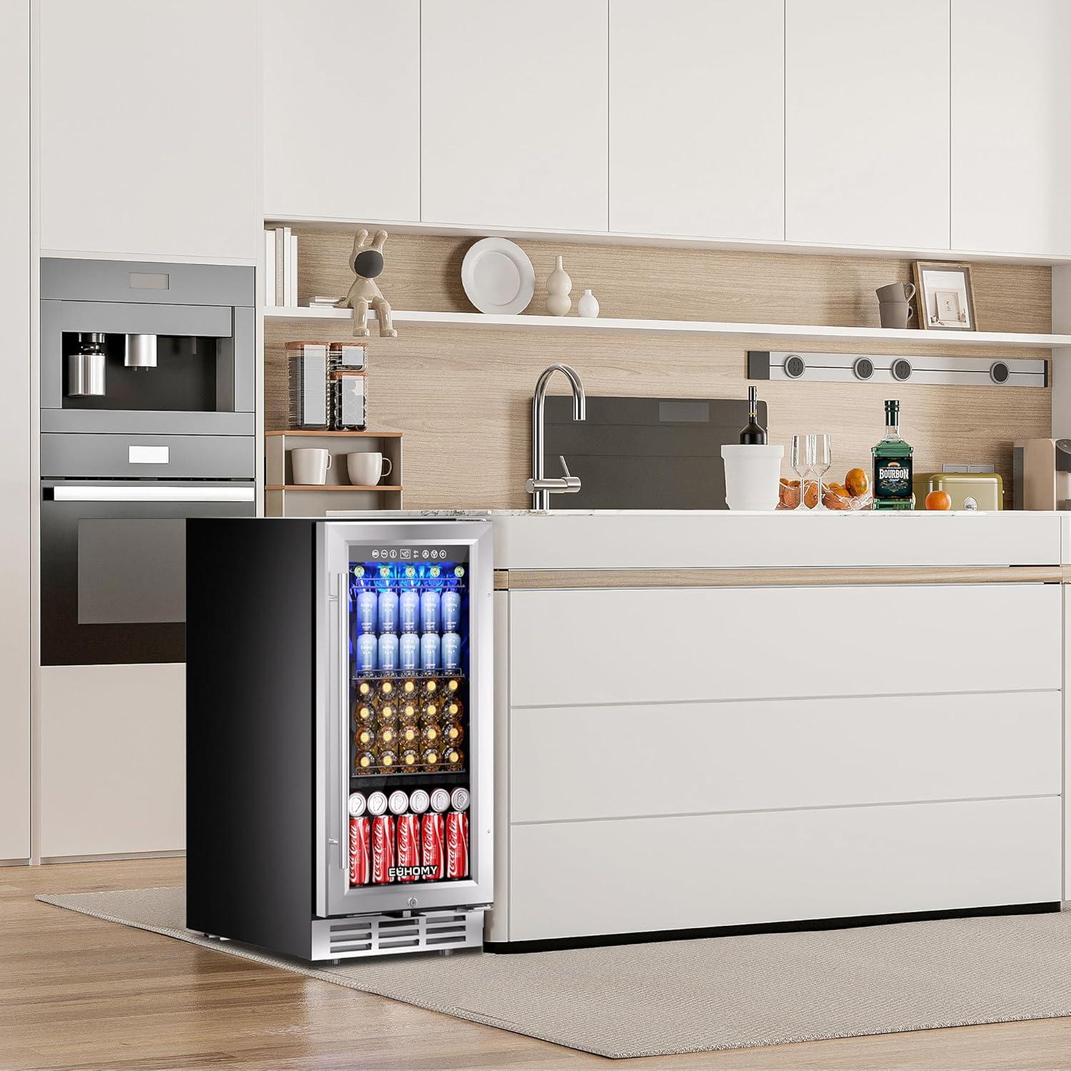 image:imageEUHOMY 15 Inch Beverage Refrigerator Cooler Under Counter 127 Cans Beverage Fridge Builtin or Freestanding with Glass Door LED Light Beer Fridge for Soda Water Wine Home Kitchen Bar