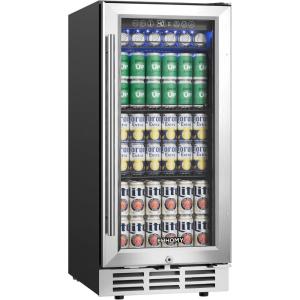 EUHOMY 15 Inch Beverage Refrigerator Cooler Under Counter 127 Cans Beverage Fridge Built-in or Freestanding with Glass Door, LED Light, Beer Fridge for Soda, Water, Wine – Home Kitchen Bar.