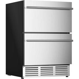 EUHOMY 24 Inch Under Counter Double Drawer Fridge, Weather Proof Stainless Steel Outdoor Beverage Refrigerator for Patio, Built-in Beverage Fridge for Home & Commercial Use Stainless Steel Silver(Drawer Refrigerator)