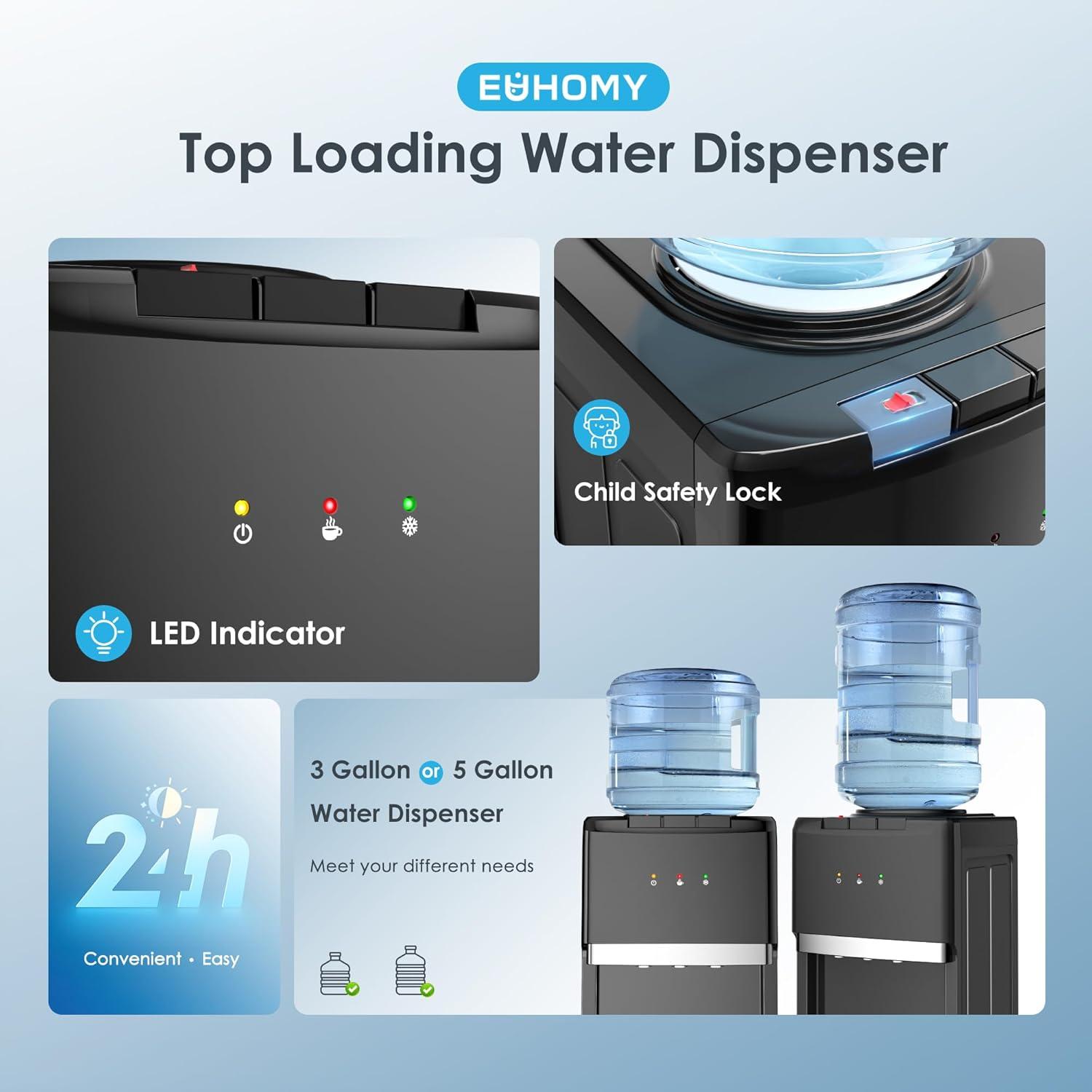 image:imageEuhomy Top Loading Water Cooler for 5 Gallons 3 Temperature SettingsColdHotWarm Child Safety Lock Water Dispenser for Apartments Schools Companies Black3 Spoutstop load