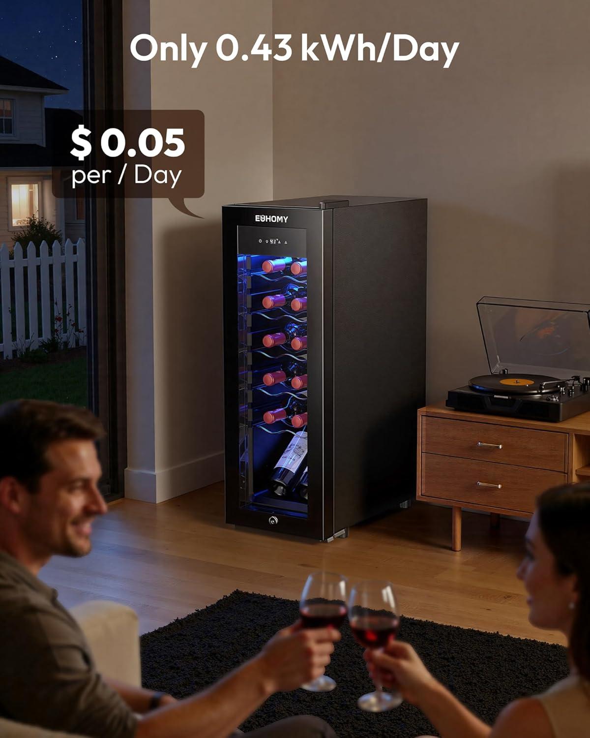image:imageEUHOMY 12 Bottle Compressor Wine Cooler Refrigerator with Lock Freestanding Mini Wine Fridge with Digital Temperature Control Wine Refrigerator with Glass Door For Red White Wine Champagne Black12 Bottle