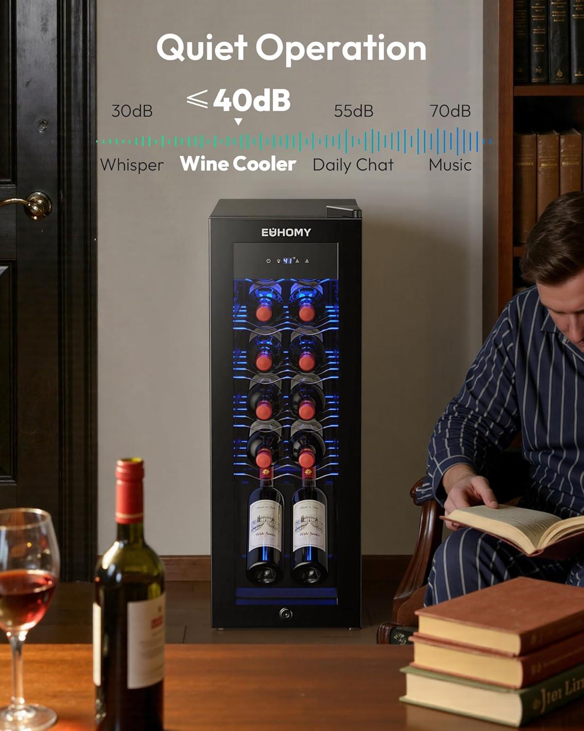 image:imageEUHOMY 12 Bottle Compressor Wine Cooler Refrigerator with Lock Freestanding Mini Wine Fridge with Digital Temperature Control Wine Refrigerator with Glass Door For Red White Wine Champagne Black12 Bottle