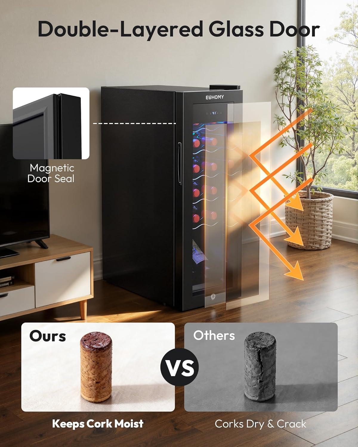 image:imageEUHOMY 12 Bottle Compressor Wine Cooler Refrigerator with Lock Freestanding Mini Wine Fridge with Digital Temperature Control Wine Refrigerator with Glass Door For Red White Wine Champagne Black12 Bottle