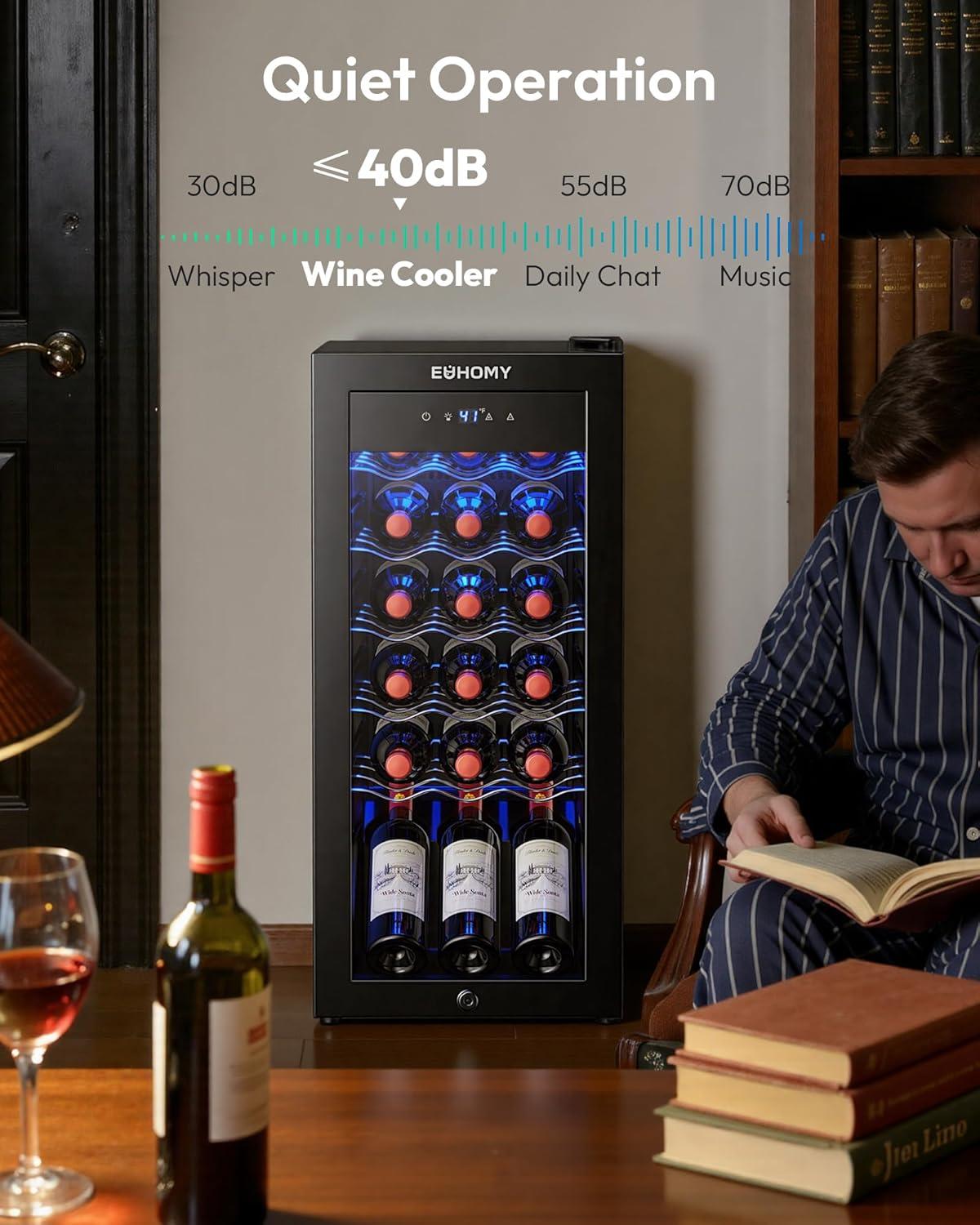 image:imageEUHOMY 12 Bottle Compressor Wine Cooler Refrigerator with Lock Freestanding Mini Wine Fridge with Digital Temperature Control Wine Refrigerator with Glass Door For Red White Wine Champagne Black18 Bottle