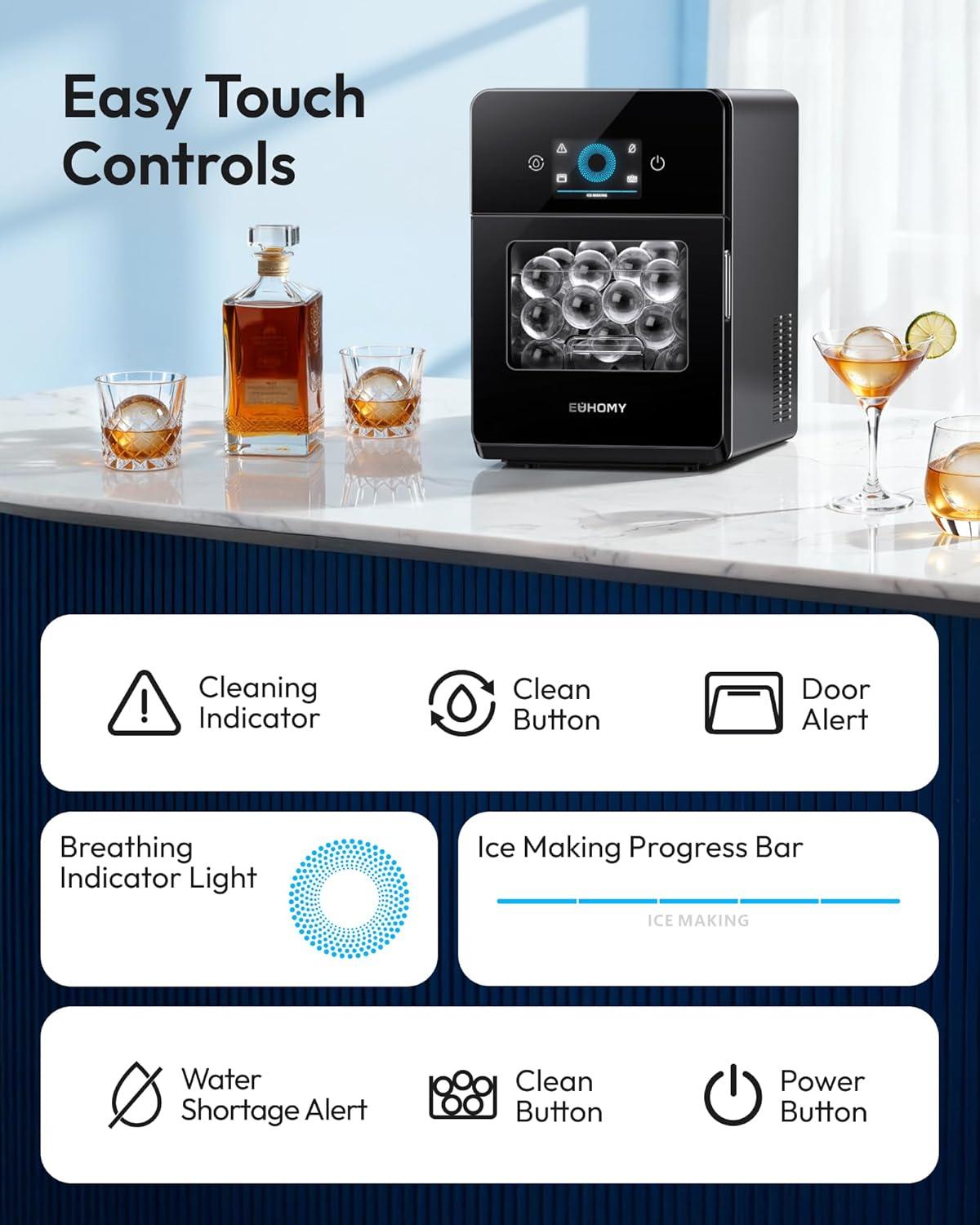 image:imageEUHOMY 24 Ice Ball Maker Countertop 3Pcs Ready in 40Mins 108PcsDay SelfCleaning Sphere Ice Maker Machine with Crystal Clear Ice Round Ice Cube Maker for Whiskey amp BourbonBlack