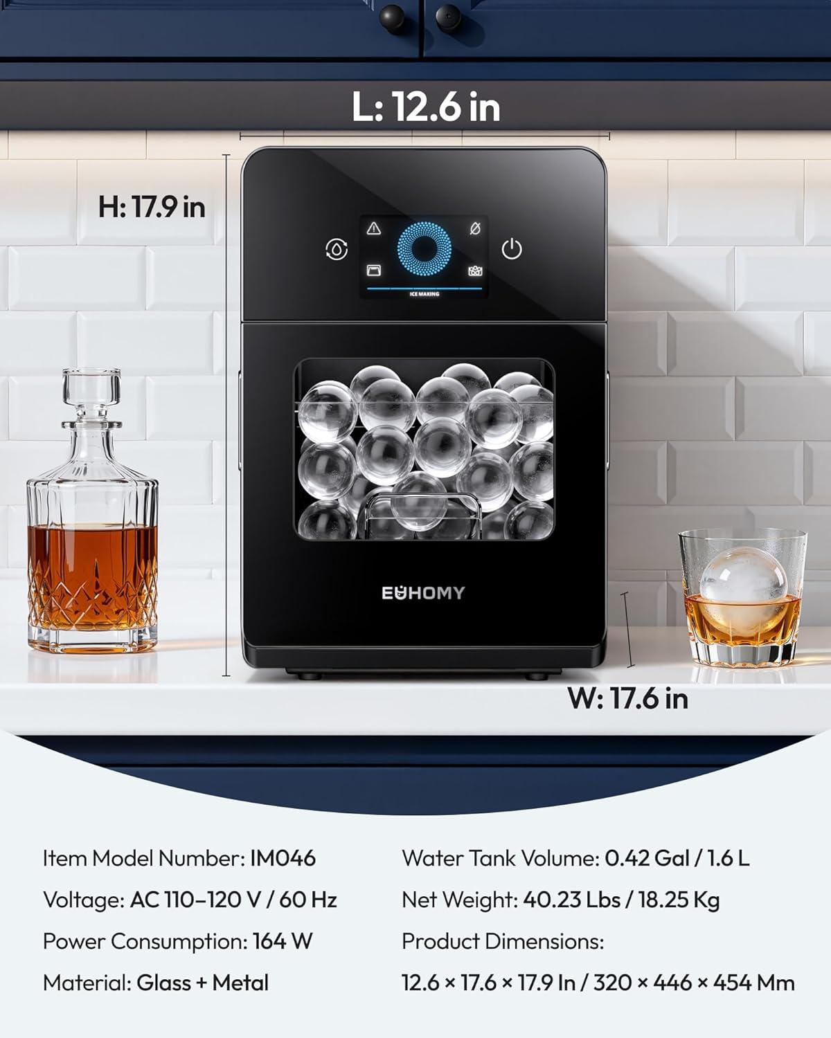image:imageEUHOMY 24 Ice Ball Maker Countertop 3Pcs Ready in 40Mins 108PcsDay SelfCleaning Sphere Ice Maker Machine with Crystal Clear Ice Round Ice Cube Maker for Whiskey amp BourbonBlack