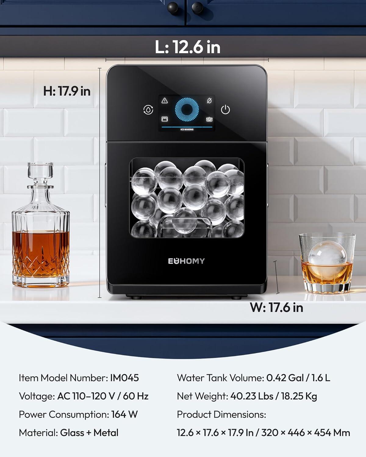 image:imageEUHOMY 24 Ice Ball Maker Countertop 3Pcs Ready in 40Mins 108PcsDay SelfCleaning Sphere Ice Maker Machine with Crystal Clear Ice Round Ice Cube Maker for Whiskey amp BourbonDark Black