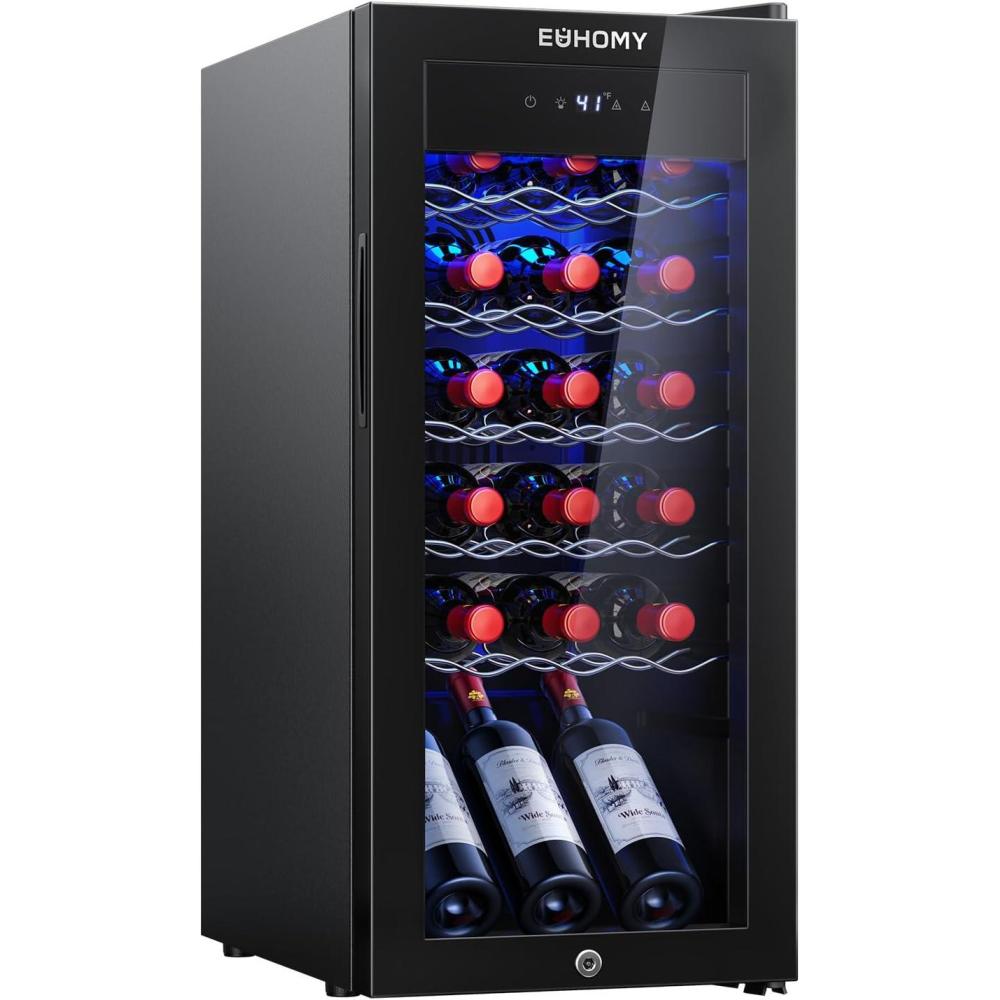 image:imageEUHOMY 12 Bottle Compressor Wine Cooler Refrigerator with Lock Freestanding Mini Wine Fridge with Digital Temperature Control Wine Refrigerator with Glass Door For Red White Wine Champagne Black18 Bottle