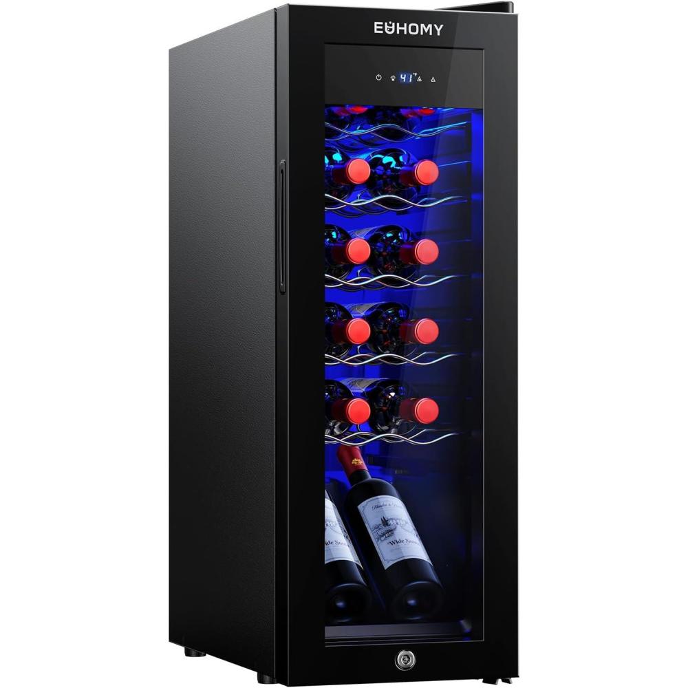 image:imageEUHOMY 12 Bottle Compressor Wine Cooler Refrigerator with Lock Freestanding Mini Wine Fridge with Digital Temperature Control Wine Refrigerator with Glass Door For Red White Wine Champagne Black12 Bottle