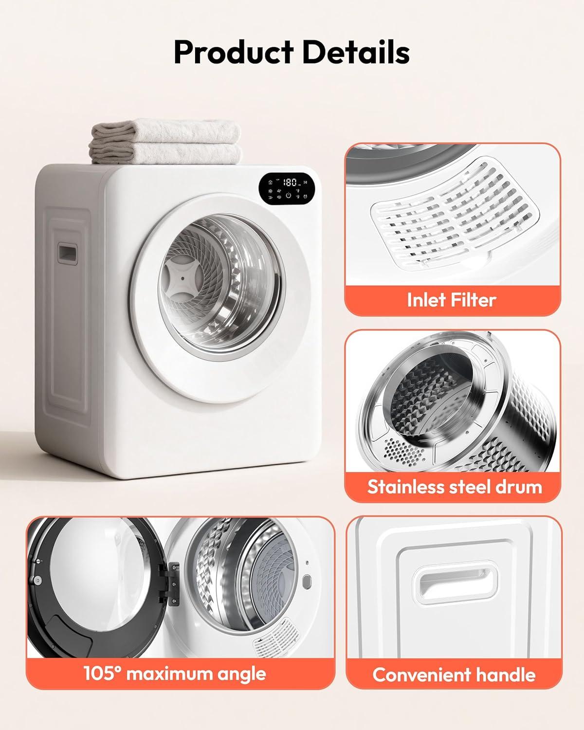 image:imageEuhomy 15 CuFt Portable Dryer 850W Clothes Dryer with Stainless Steel Drum 4 Functions LED Control Panel 120V portable dryers for laundry Suitable for Apartments Dorm RVs White15 CuFt No2