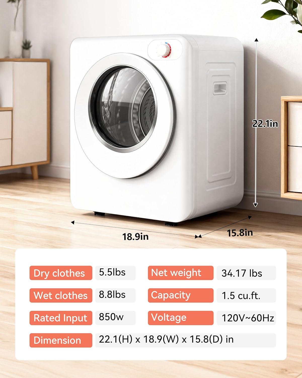 image:imageEuhomy Portable Clothes Dryer 15 CuFt Portable Dryer 850W Drying Machine with FrontLoading Stainless Steel Drum 5 Functions Suitable for Apartments Dorms RVs Small Spaces15 cu ft