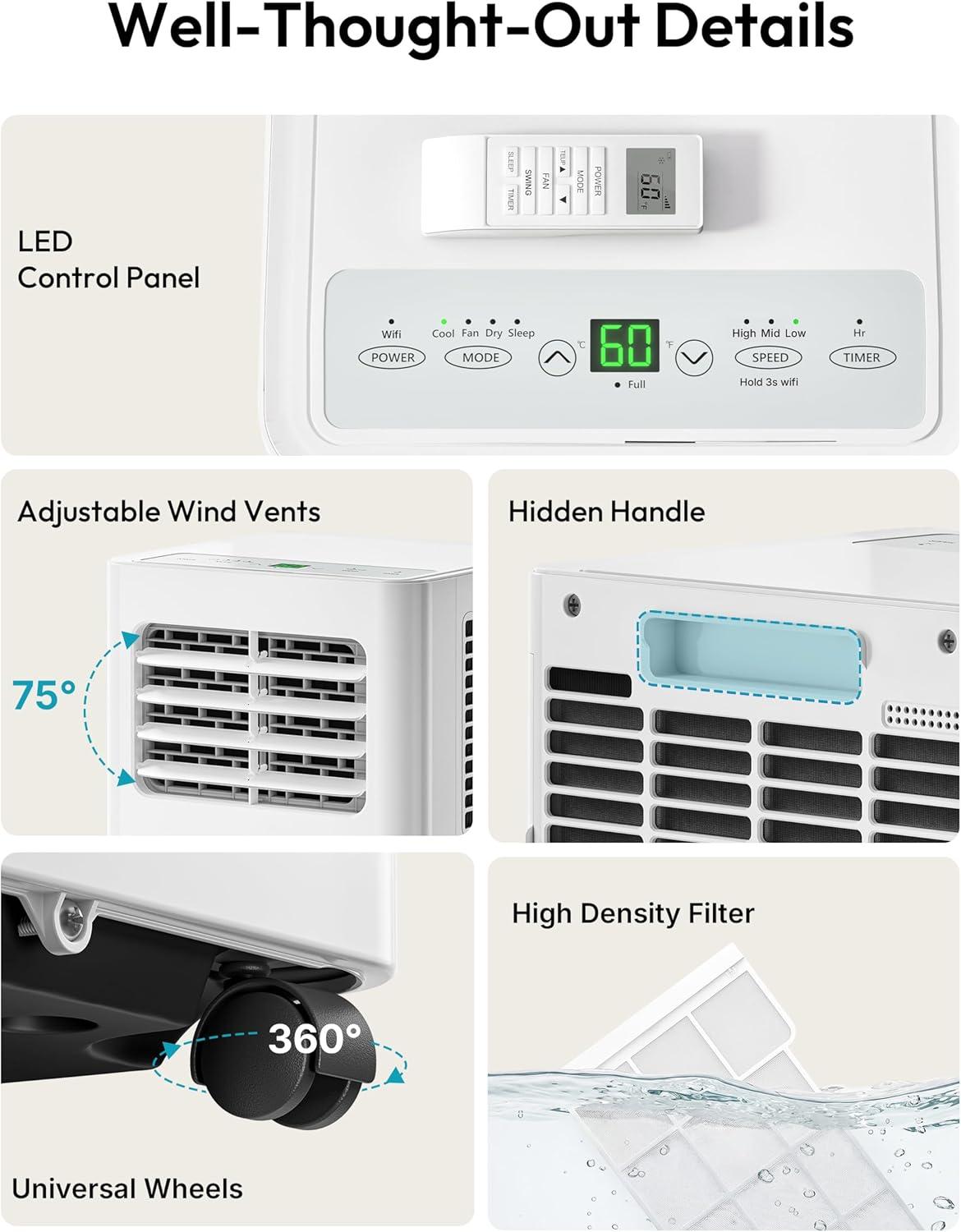 image:imageEUHOMY 8000 BTU Portable Air Conditioners 4in1 Air Conditioner Portable Up to 350 SqFt Portable AC Unit with Cool Fan Dehumidifier Sleep 24H Timer Remote amp Installation Kit for Bedroom14000