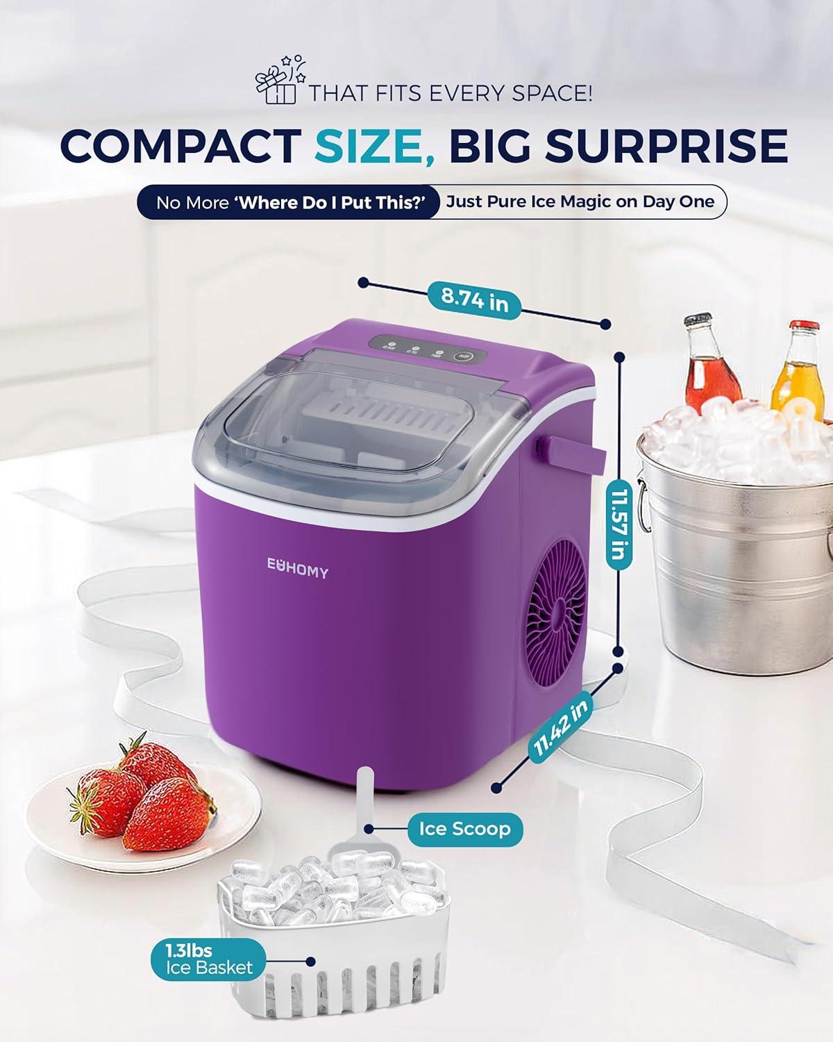 image:imageEUHOMY Countertop Ice Maker Machine with Handle 26lbs in 24Hrs 9 Ice Cubes Ready in 6 Mins SelfCleaning Portable Ice Maker with Basket and Scoop for HomeKitchenCampingRV BlackPurple