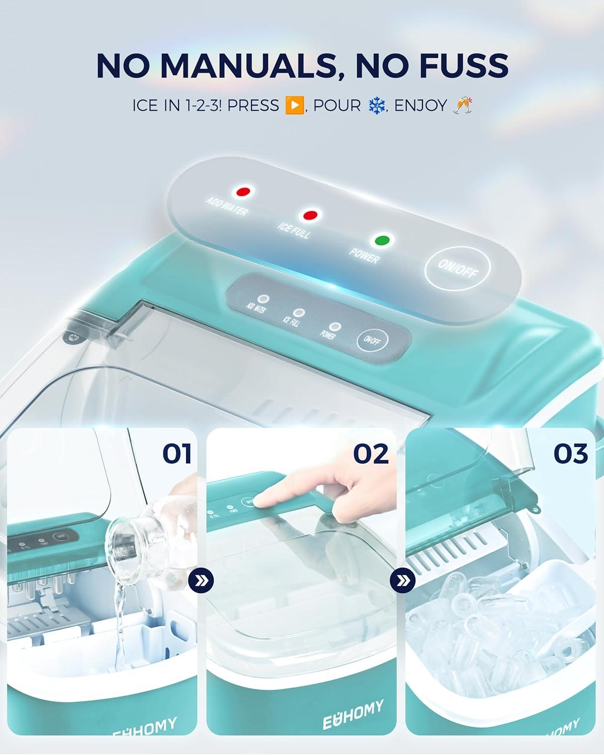 image:imageEUHOMY Countertop Ice Maker Machine with Handle 26lbs in 24Hrs 9 Ice Cubes Ready in 6 Mins SelfCleaning Portable Ice Maker with Basket and Scoop for HomeKitchenCampingRV BlackGreen