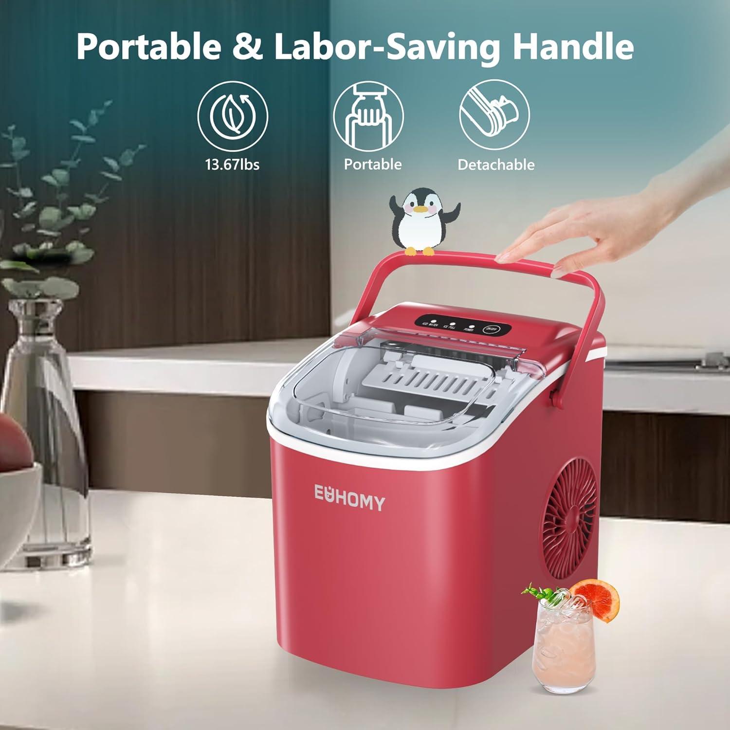 image:imageEUHOMY Countertop Ice Maker Machine with Handle 26lbs in 24Hrs 9 Ice Cubes Ready in 6 Mins SelfCleaning Portable Ice Maker with Basket and Scoop for HomeKitchenCampingRV BlackRed