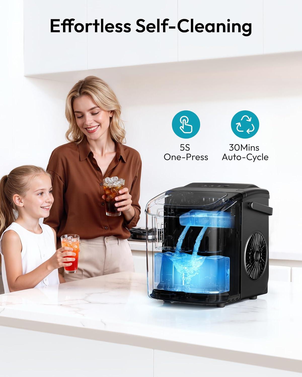 image:imageEUHOMY Countertop Ice Maker Machine with Handle 26lbs in 24Hrs 9 Ice Cubes Ready in 6 Mins SelfCleaning Portable Ice Maker with Basket and Scoop for HomeKitchenCampingRV BlackBlack