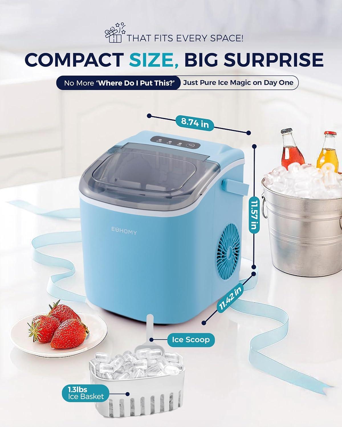 image:imageEUHOMY Countertop Ice Maker Machine with Handle 26lbs in 24Hrs 9 Ice Cubes Ready in 6 Mins SelfCleaning Portable Ice Maker with Basket and Scoop for HomeKitchenCampingRV BlackBlue