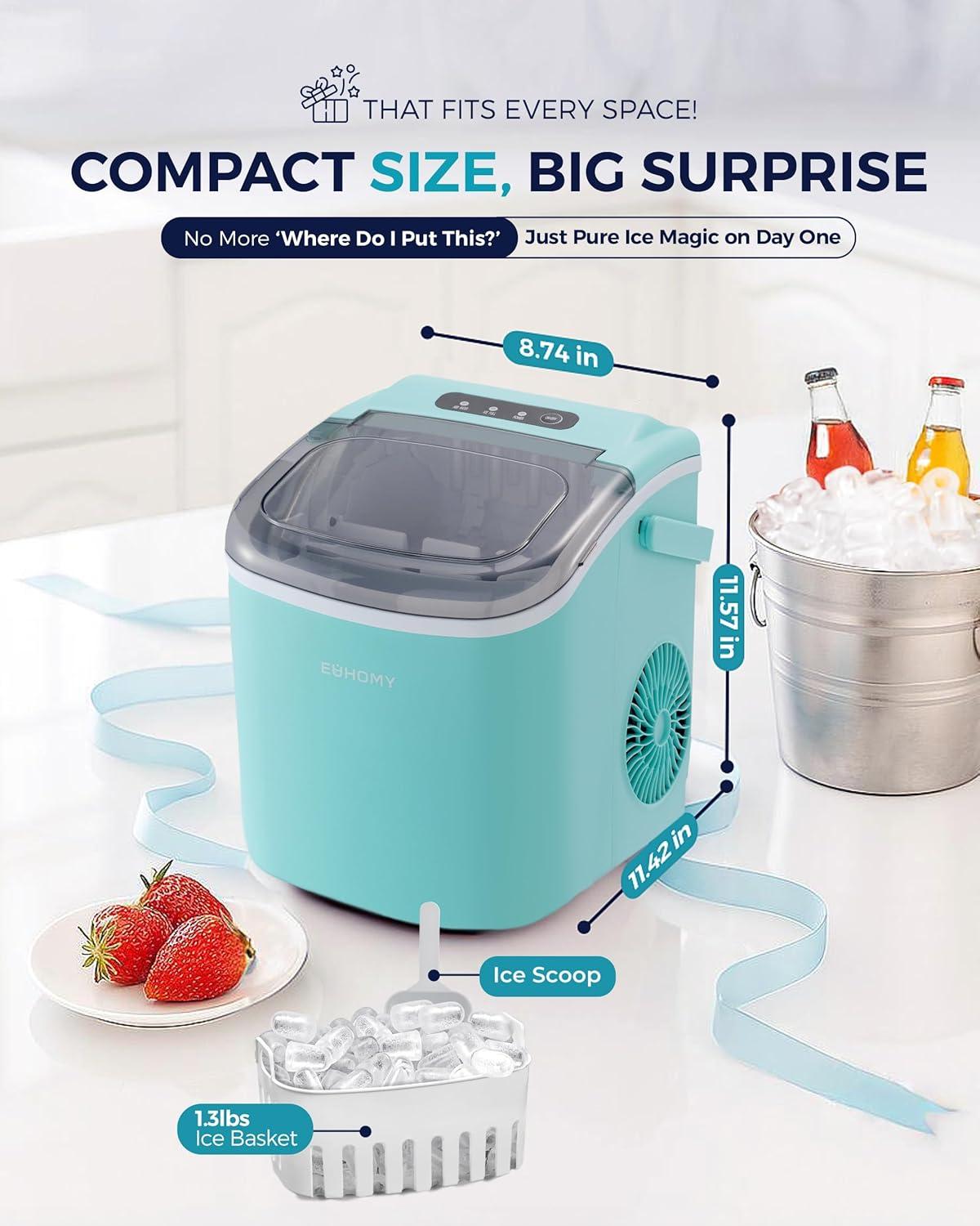 image:imageEUHOMY Countertop Ice Maker Machine with Handle 26lbs in 24Hrs 9 Ice Cubes Ready in 6 Mins SelfCleaning Portable Ice Maker with Basket and Scoop for HomeKitchenCampingRV BlackGreen