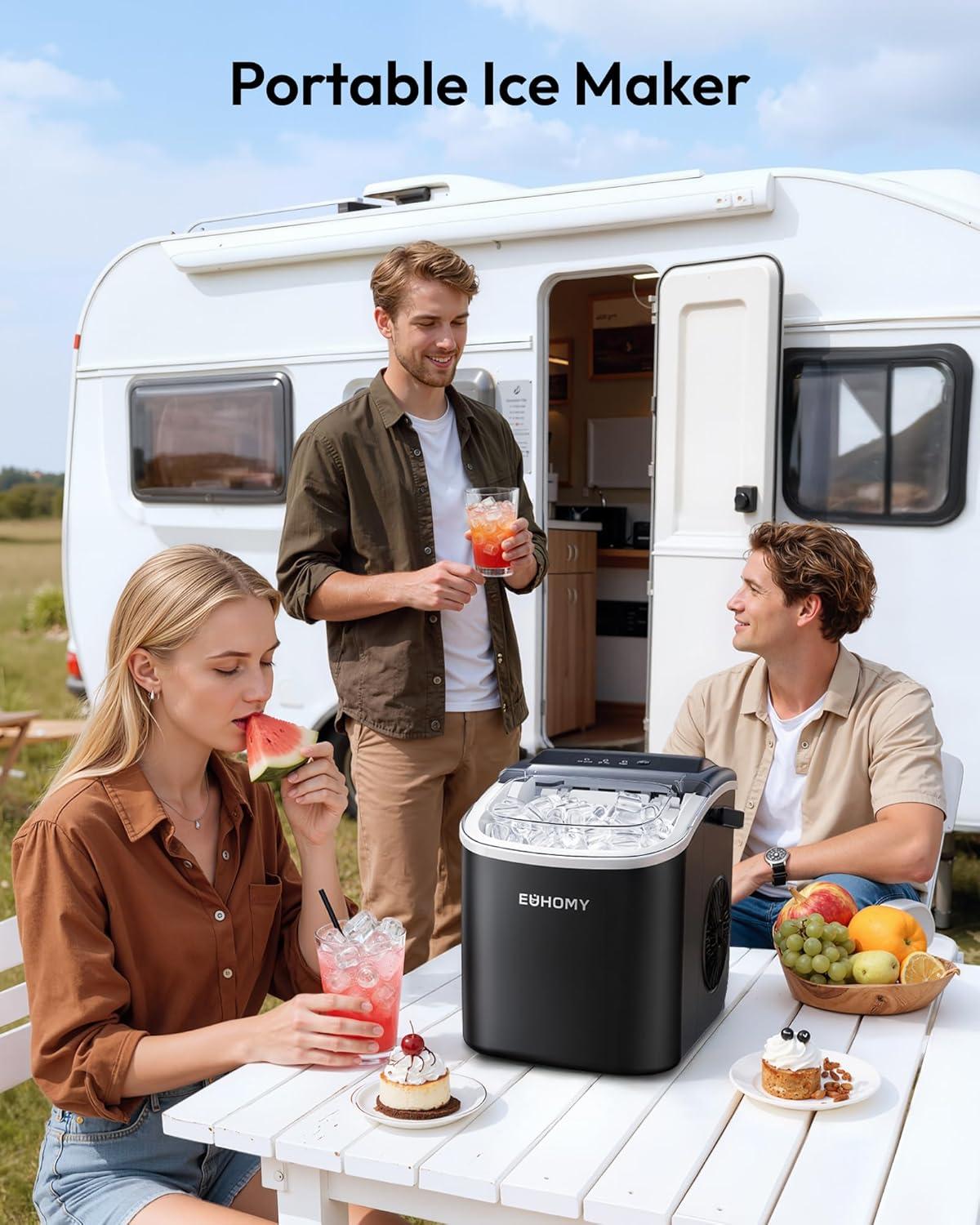 image:imageEUHOMY Countertop Ice Maker Machine with Handle 26lbs in 24Hrs 9 Ice Cubes Ready in 6 Mins SelfCleaning Portable Ice Maker with Basket and Scoop for HomeKitchenCampingRV BlackBlack Blue