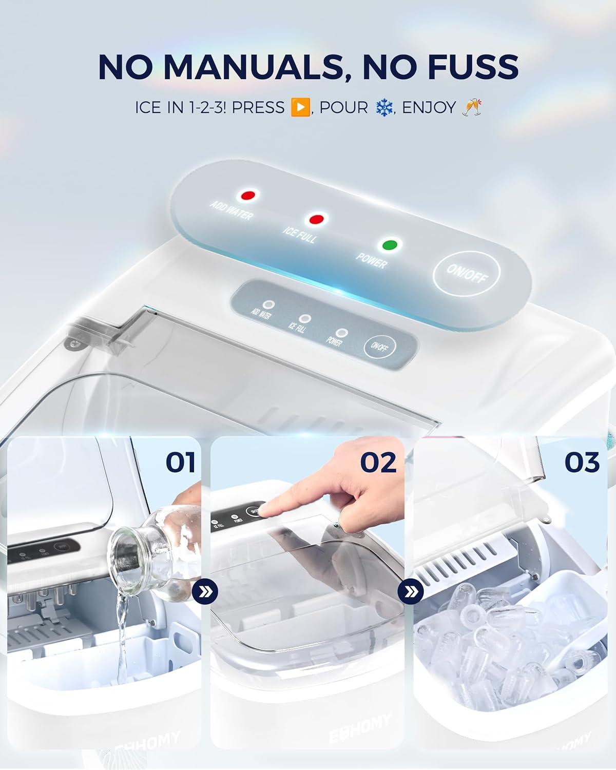 image:imageEUHOMY Countertop Ice Maker Machine with Handle 26lbs in 24Hrs 9 Ice Cubes Ready in 6 Mins SelfCleaning Portable Ice Maker with Basket and Scoop for HomeKitchenCampingRV BlackWhite