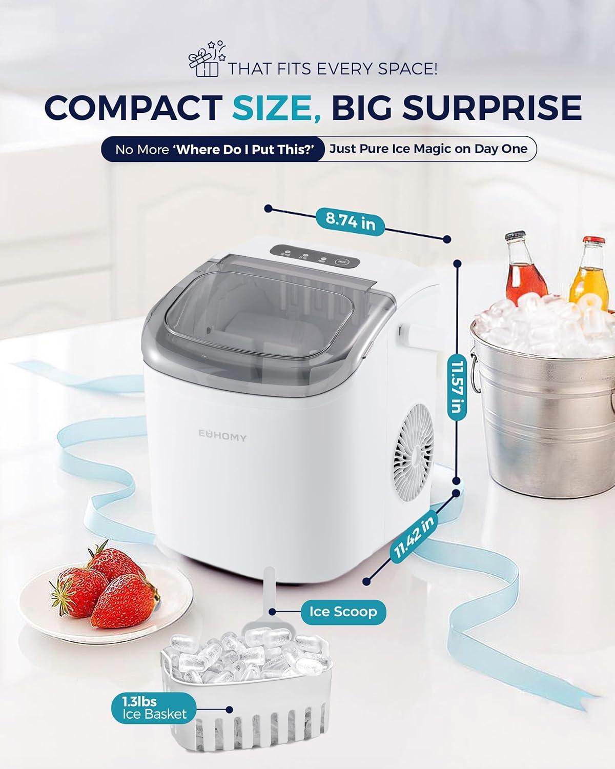 image:imageEUHOMY Countertop Ice Maker Machine with Handle 26lbs in 24Hrs 9 Ice Cubes Ready in 6 Mins SelfCleaning Portable Ice Maker with Basket and Scoop for HomeKitchenCampingRV BlackWhite