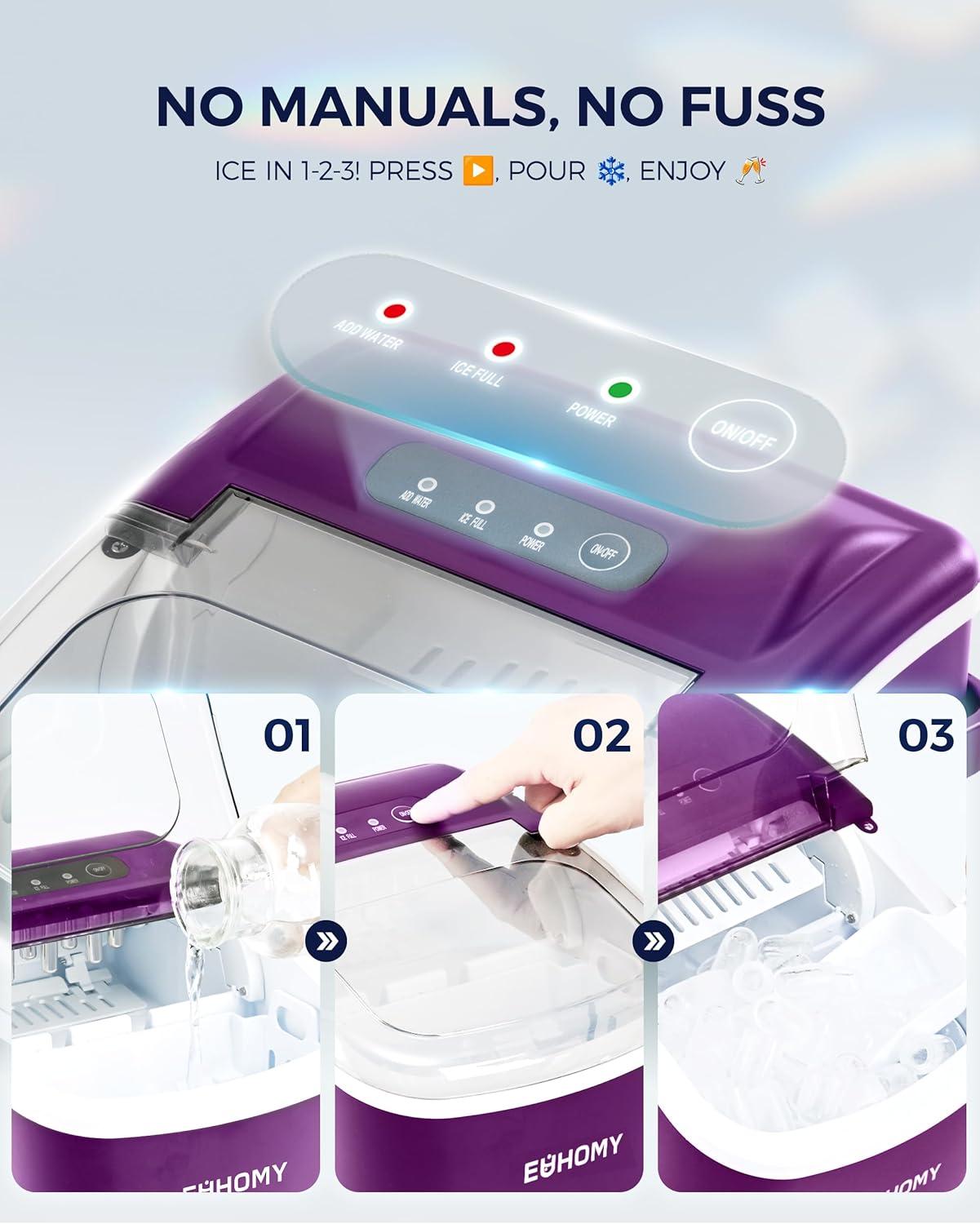 image:imageEUHOMY Countertop Ice Maker Machine with Handle 26lbs in 24Hrs 9 Ice Cubes Ready in 6 Mins SelfCleaning Portable Ice Maker with Basket and Scoop for HomeKitchenCampingRV BlackPurple
