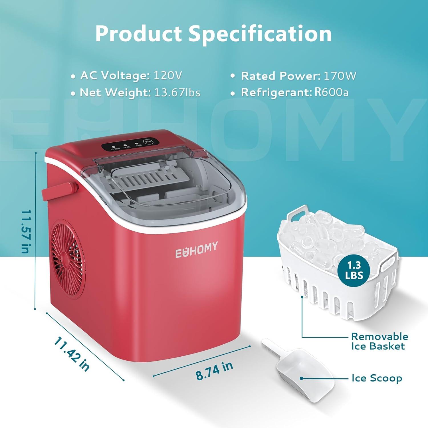image:imageEUHOMY Countertop Ice Maker Machine with Handle 26lbs in 24Hrs 9 Ice Cubes Ready in 6 Mins SelfCleaning Portable Ice Maker with Basket and Scoop for HomeKitchenCampingRV BlackRed