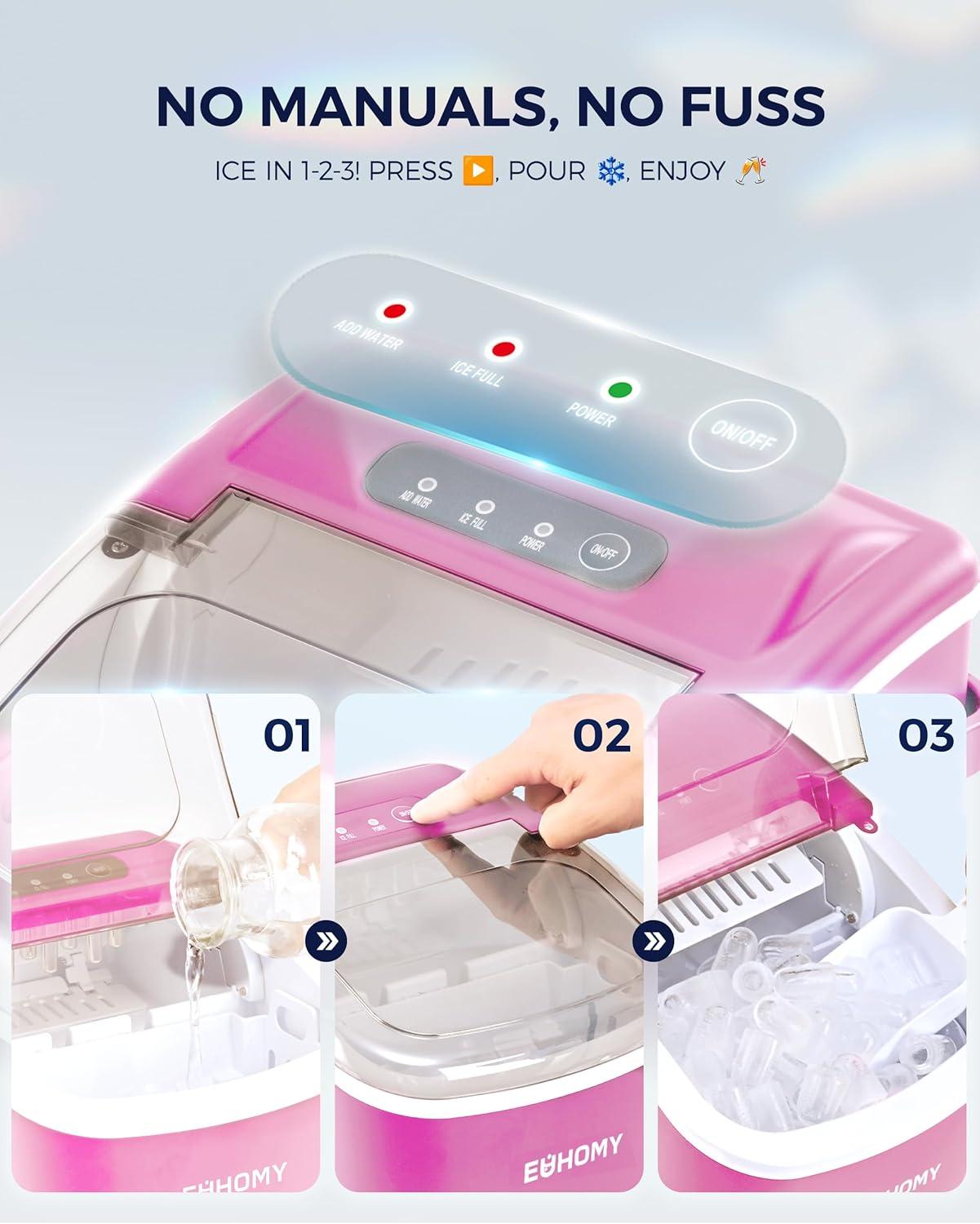 image:imageEUHOMY Countertop Ice Maker Machine with Handle 26lbs in 24Hrs 9 Ice Cubes Ready in 6 Mins SelfCleaning Portable Ice Maker with Basket and Scoop for HomeKitchenCampingRV BlackPink