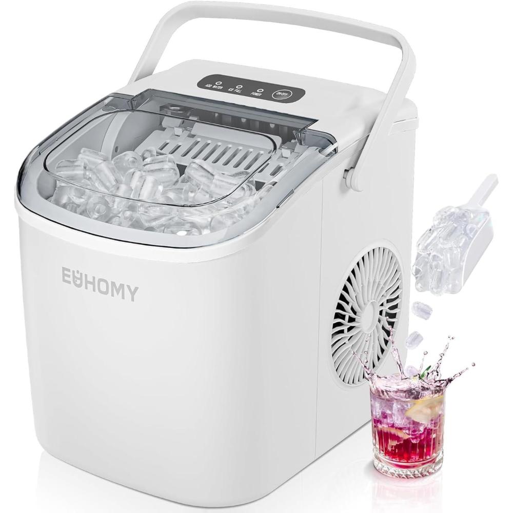 image:imageEUHOMY Countertop Ice Maker Machine with Handle 26lbs in 24Hrs 9 Ice Cubes Ready in 6 Mins SelfCleaning Portable Ice Maker with Basket and Scoop for HomeKitchenCampingRV BlackWhite