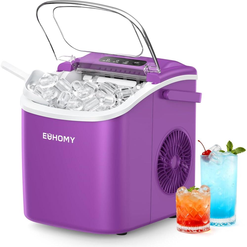 image:imageEUHOMY Countertop Ice Maker Machine with Handle 26lbs in 24Hrs 9 Ice Cubes Ready in 6 Mins SelfCleaning Portable Ice Maker with Basket and Scoop for HomeKitchenCampingRV BlackPurple