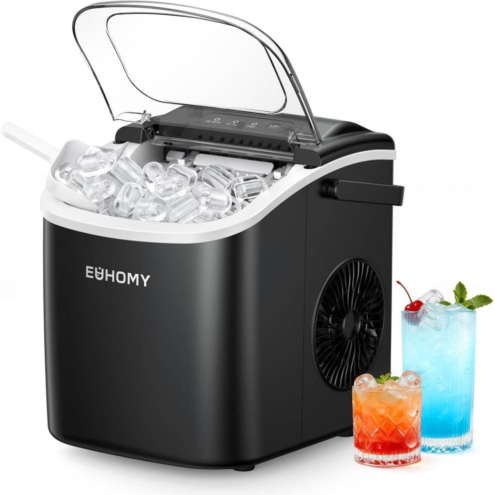 image:imageEUHOMY Countertop Ice Maker Machine with Handle 26lbs in 24Hrs 9 Ice Cubes Ready in 6 Mins SelfCleaning Portable Ice Maker with Basket and Scoop for HomeKitchenCampingRV BlackBlack