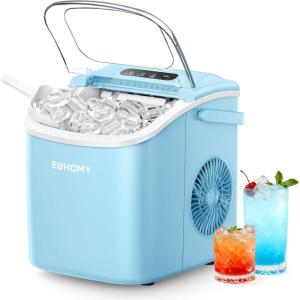 EUHOMY Countertop Ice Maker Machine with Handle, 26lbs in 24Hrs, 9 Ice Cubes Ready in 6 Mins, Self-Cleaning Portable Ice Maker with Basket and Scoop, for Home/Kitchen/Camping/RV. (Black)(Blue)