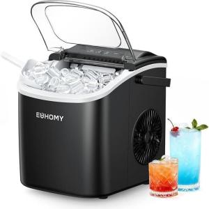 EUHOMY Countertop Ice Maker Machine with Handle, 26lbs in 24Hrs, 9 Ice Cubes Ready in 6 Mins, Self-Cleaning Portable Ice Maker with Basket and Scoop, for Home/Kitchen/Camping/RV. (Black)(Black Blue)