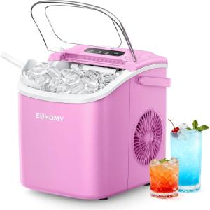 EUHOMY Countertop Ice Maker Machine with Handle, 26lbs in 24Hrs, 9 Ice Cubes Ready in 6 Mins, Self-Cleaning Portable Ice Maker with Basket and Scoop, for Home/Kitchen/Camping/RV. (Black)(Pink)
