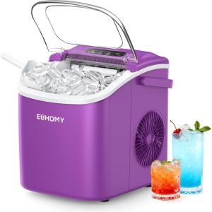 EUHOMY Countertop Ice Maker Machine with Handle, 26lbs in 24Hrs, 9 Ice Cubes Ready in 6 Mins, Self-Cleaning Portable Ice Maker with Basket and Scoop, for Home/Kitchen/Camping/RV. (Black)(Purple)