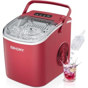 EUHOMY Countertop Ice Maker Machine with Handle, 26lbs in 24Hrs, 9 Ice Cubes Ready in 6 Mins, Self-Cleaning Portable Ice Maker with Basket and Scoop, for Home/Kitchen/Camping/RV. (Black)(Red)