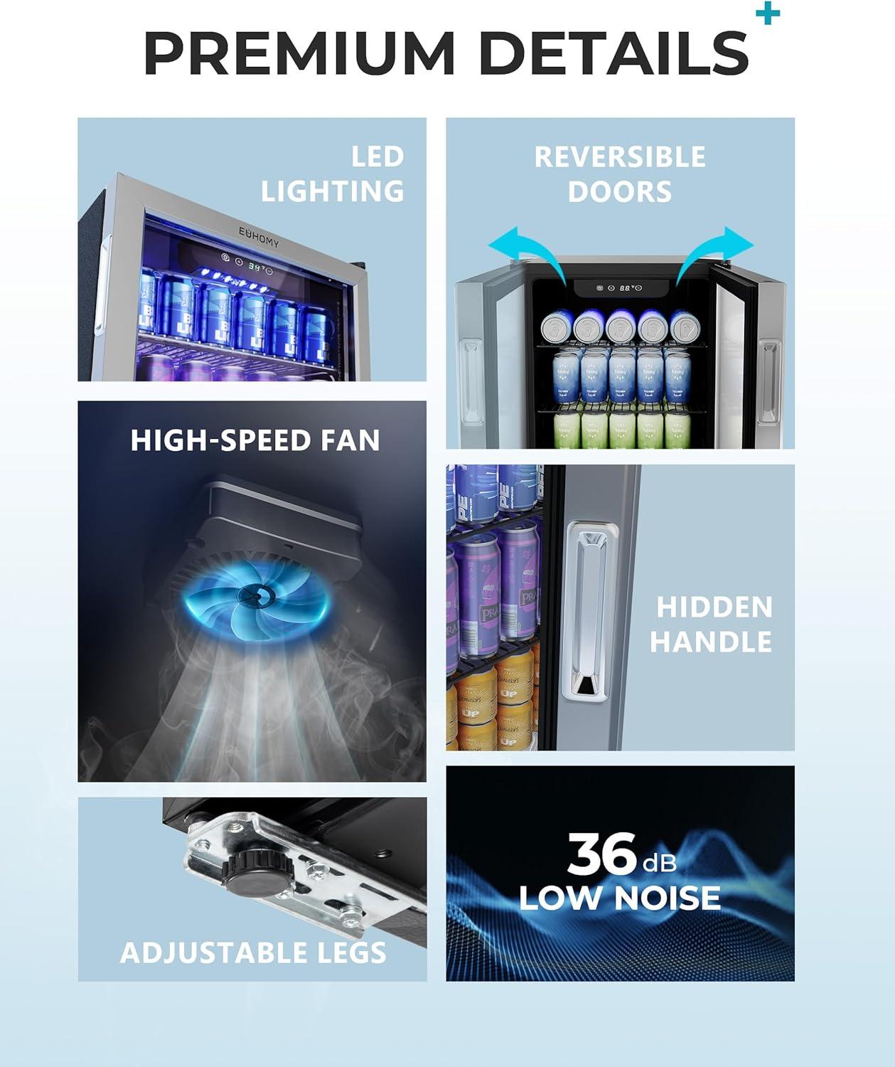 image:imageEUHOMY Mini Fridge 130 Can Beverage Refrigerator Cooler Glass Door for Soda Wine Beer Beverage Cooler for Home Bar Office with Digital Temperature Control Adjustable Shelves 32 CuFt SilverSilver